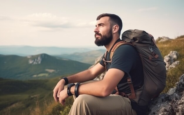 A man with a backpack sits on a mountain top.