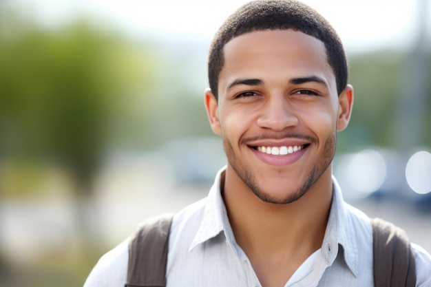 Man with backpack smiles directly at camera Perfect for travel adventure and outdoor lifestyle themes