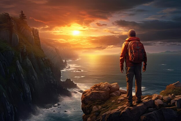 A man with a backpack standing on the edge of a cliff looking at the ocean and the setting sun