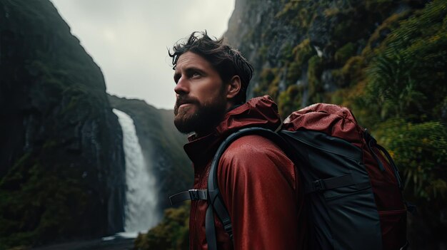 Photo man with backpack standing in front of waterfall valentine day