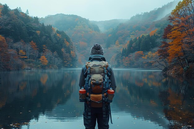 사진 배 을 들고 호수 앞 에 서 있는 사람