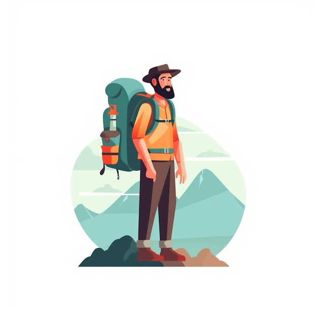 a man with a backpack standing on a mountain with a mountain range in the background generative ai