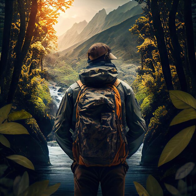 A man with a backpack standing next to a river