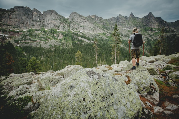 Man with a backpack standing on a rock