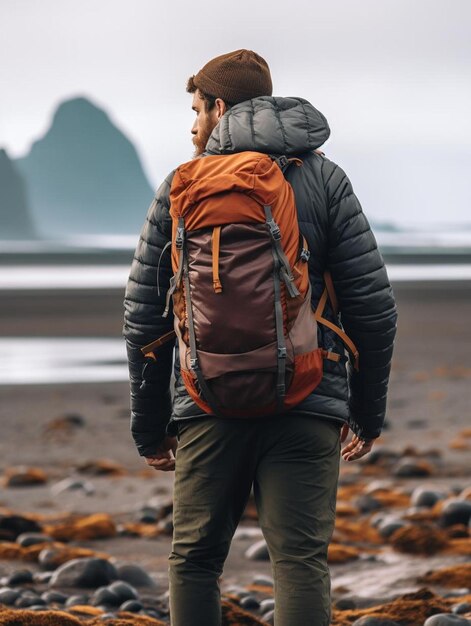 a man with a backpack standing on a rocky beach