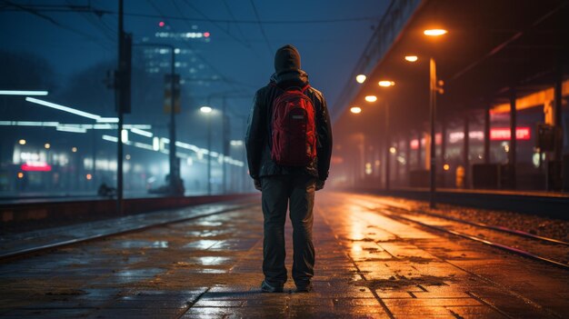 A man with a backpack standing on a train track at night