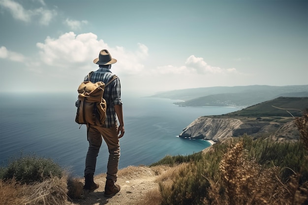 A man with a backpack stands on a cliff overlooking the sea