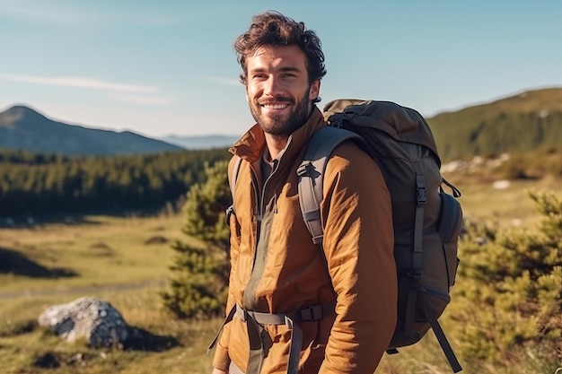 A man with a backpack stands in a field