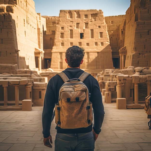 A man with a backpack stands in front of a building with the number of numbers on it