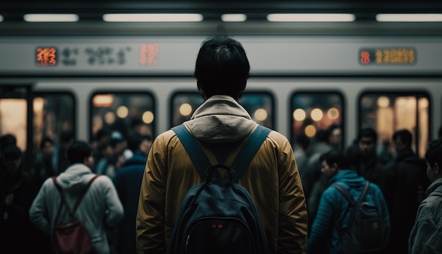 A man with a backpack stands in front of a subway train