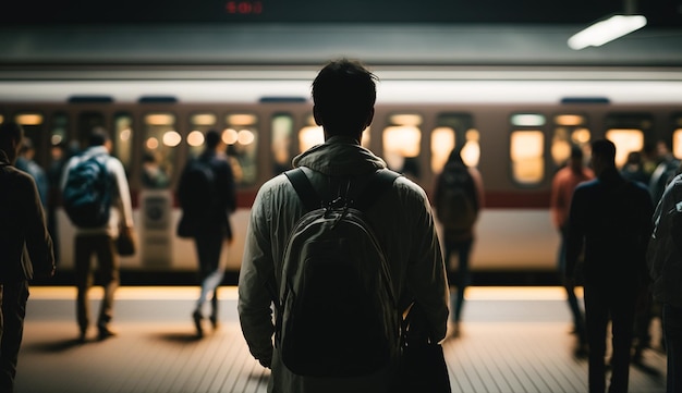 バックパックを背負った男性が夜の電車の前に立っています。