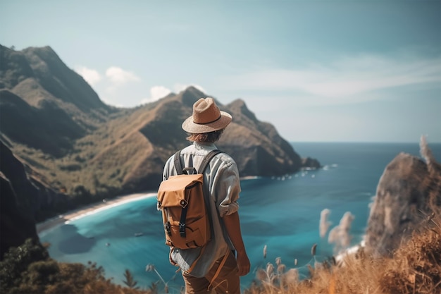 A man with a backpack stands on a hill overlooking a blue ocean