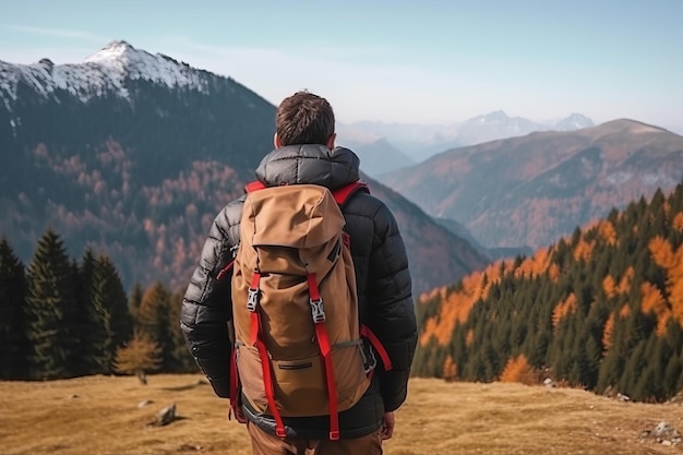 A man with a backpack stands on a mountain top looking at a mountain range.