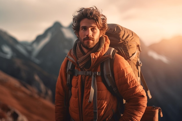 A man with a backpack stands in the mountains.