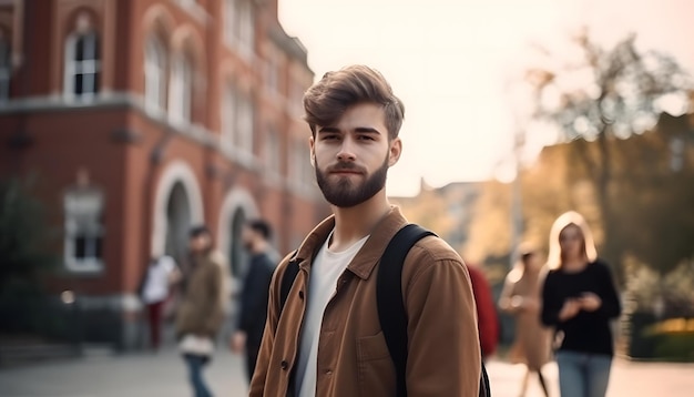 A man with a backpack stands on a street