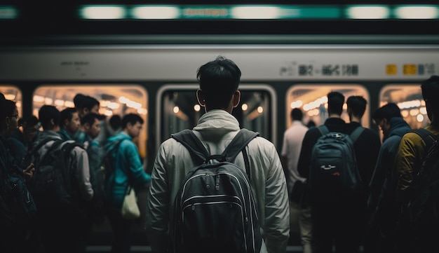 A man with a backpack stands at a subway station with a sign that says'bus stop'on it