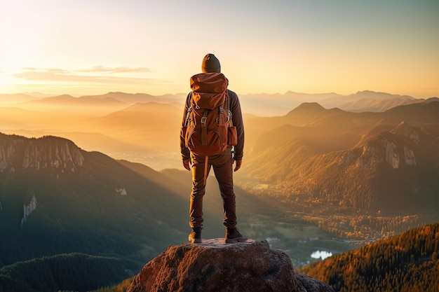 Man with backpack stands on top of mountain and looking at landscape with mountain ranges