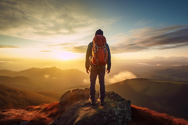 Man with backpack stands on top of mountain and looking at landscape with mountain ranges