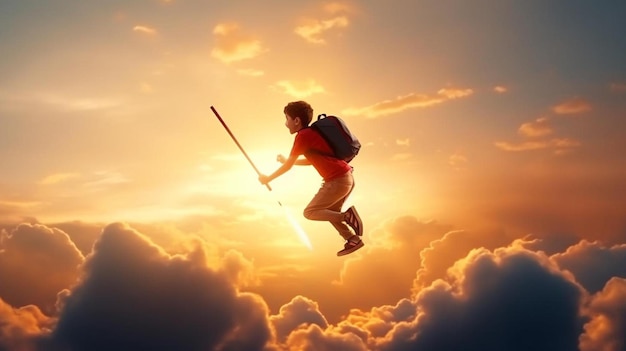a man with a backpack and a stick is flying in the sky