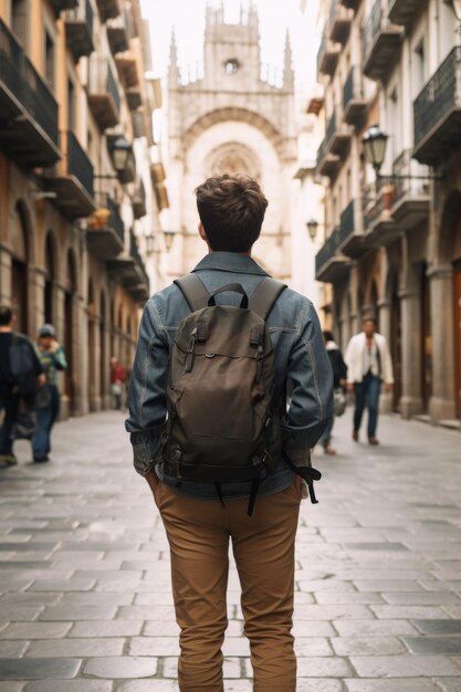 Photo a man with a backpack strolls down a city street