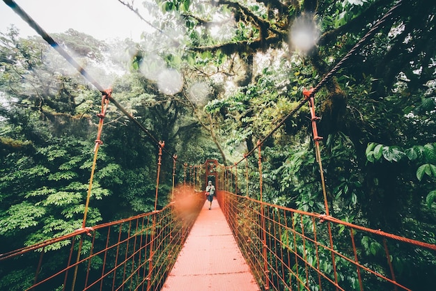 Foto uomo con zaino che cammina sul ponte sospeso attraverso il parco nazionale della foresta pluviale monteverde costa rica