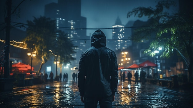 man with backpack walking in the night city