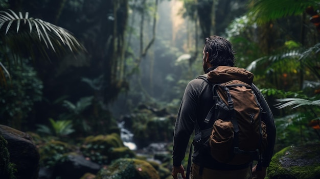 A Man With a Backpack Walking Through a Dark Forest