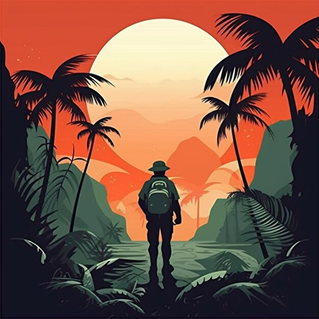 A man with a backpack walking through the jungle at sunset generative ai