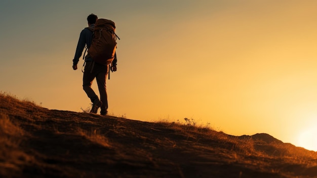 A man with a backpack walking up the hill at sunset ai