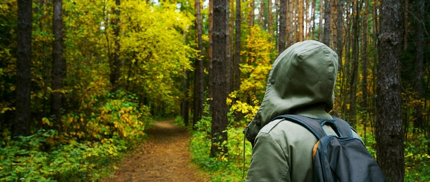 A man with backpack walks in the amazing autumn forest.  