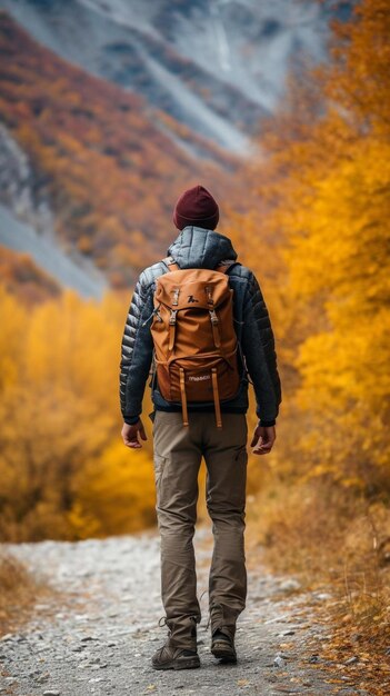 バックパックを背負った男が道路を歩いている