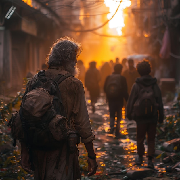 a man with a backpack walks down a street with the sun shining on it