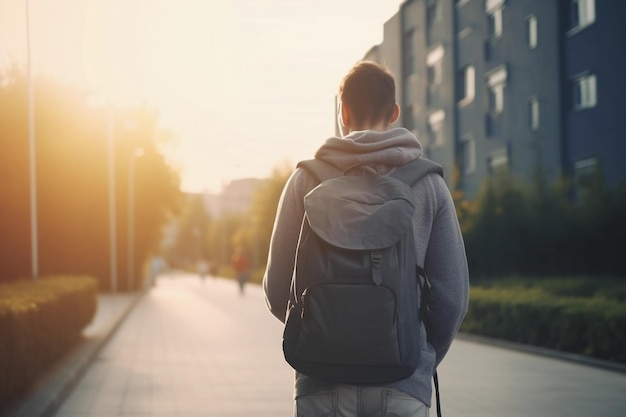 A man with a backpack walks down a street.