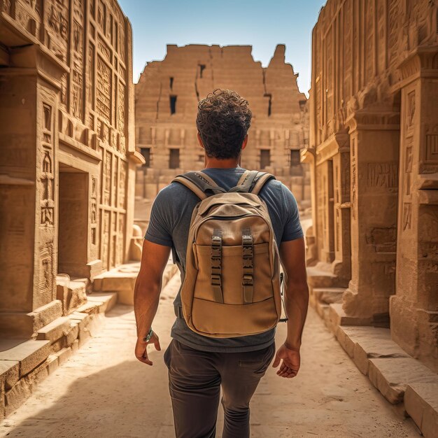 A man with a backpack walks down a street