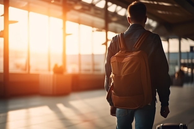 A man with a backpack walks down a train platform with a backpack