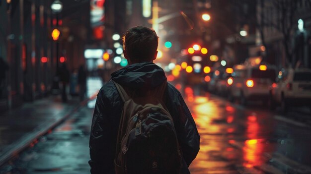 a man with a backpack walks down a wet street