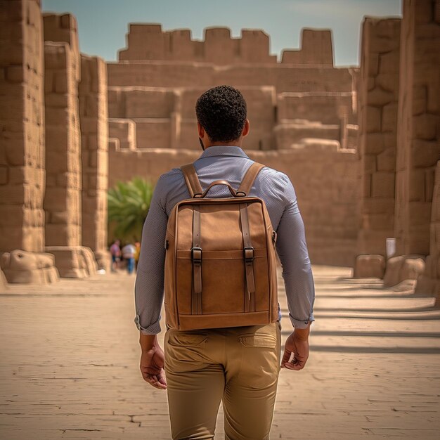 A man with a backpack walks in front of a building