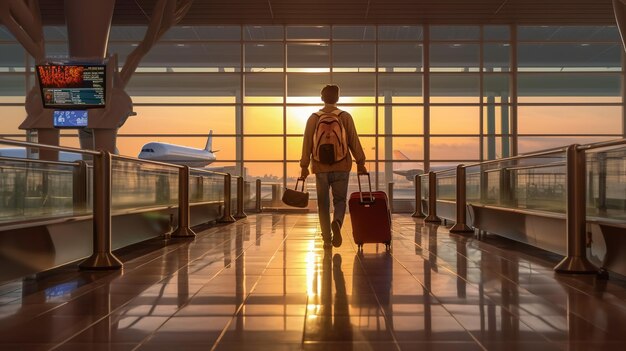 A man with a backpack walks through an airport with a plane in the background.