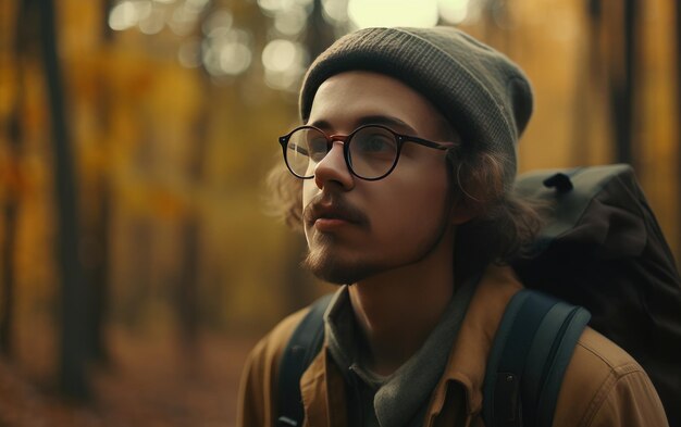 Foto un uomo con uno zaino cammina attraverso un viaggiatore della foresta autunnale che fa un'escursione all'aria aperta ai generato