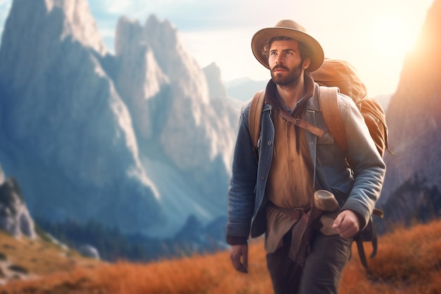A man with a backpack walks through a field with mountains in the background.