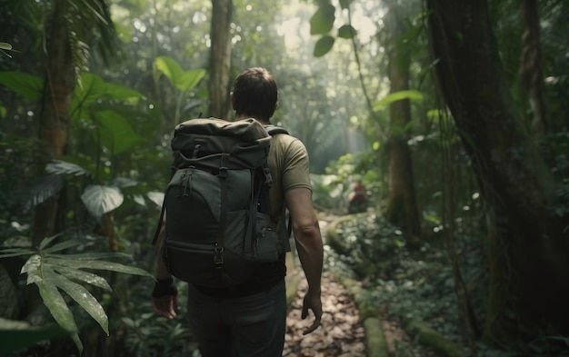 A man with a backpack walks through jungle rainforest traveler hiking outdoor adventure ai generated