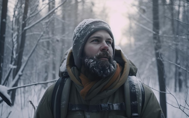 A man with a backpack walks through a snowy forest traveler hiking outdoor adventure ai generated