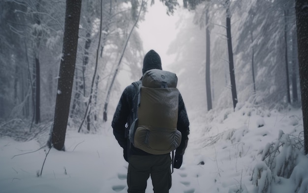 A man with a backpack walks through a snowy forest traveler hiking outdoor adventure ai generated