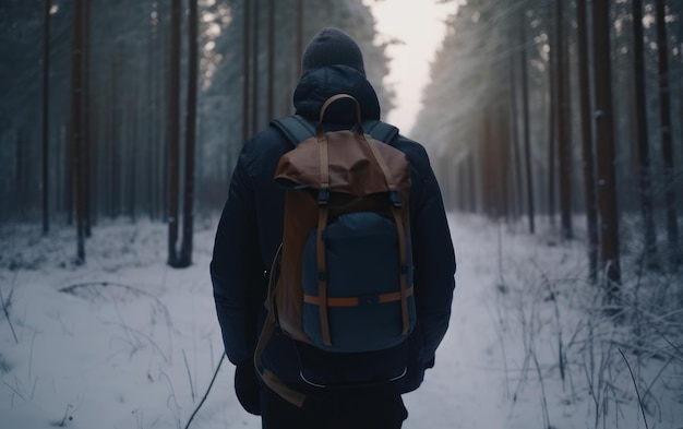 バックパックを持った男が雪に覆われた森の中を歩く旅行者ハイキング アウトドア アドベンチャー ai 生成