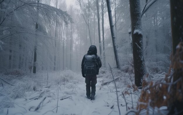배낭을 메고 있는 남자는 생성된 야외 모험을 하이킹하는 눈 덮인 숲을 걷는다
