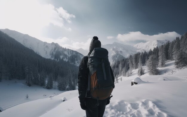 배낭을 메고 있는 남자가 생성된 야외 모험을 하이킹하는 눈 덮인 산 숲을 걷는다