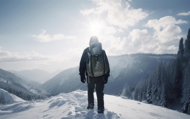 バックパックを背負った男性が雪の山の森を歩き、AI が生成したアウトドア アドベンチャーをハイキングします。