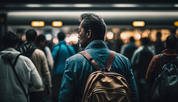 Мужчина с рюкзаком идет по станции метро с табличкой «Я не турист».