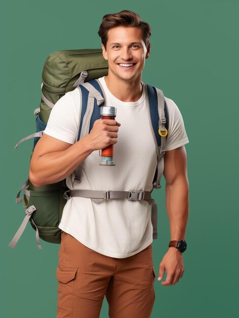 Photo a man with a backpack and a water bottle