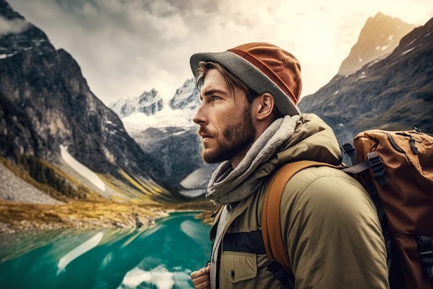 Foto uomo con uno zaino che indossa un berretto che cammina su un sentiero di montagna nebbioso e nuvoloso con uno zaino